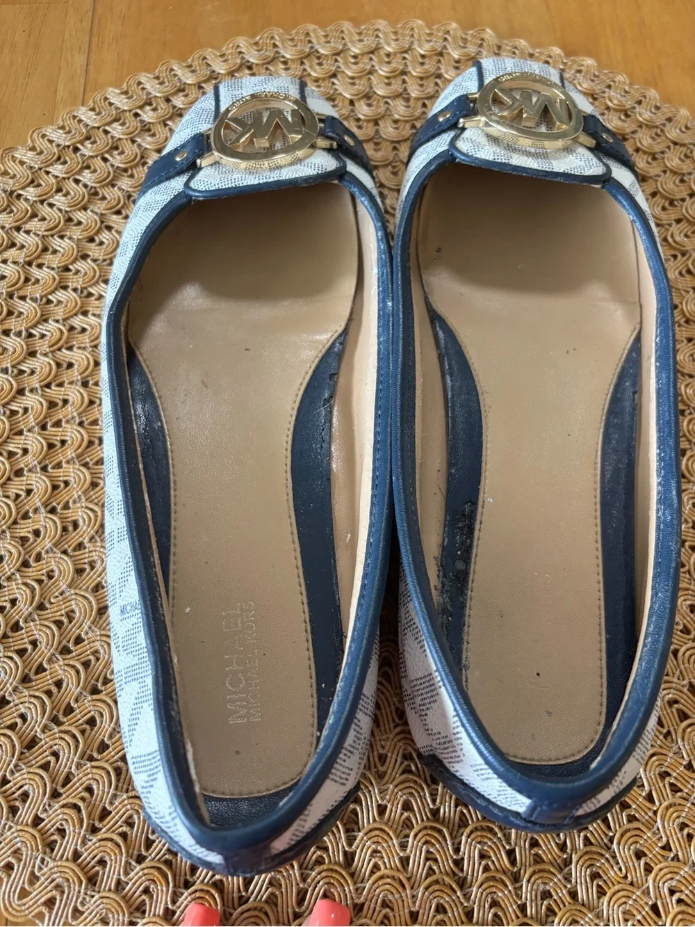 Michael Kors White and Navy Logo Leather Trim Flats